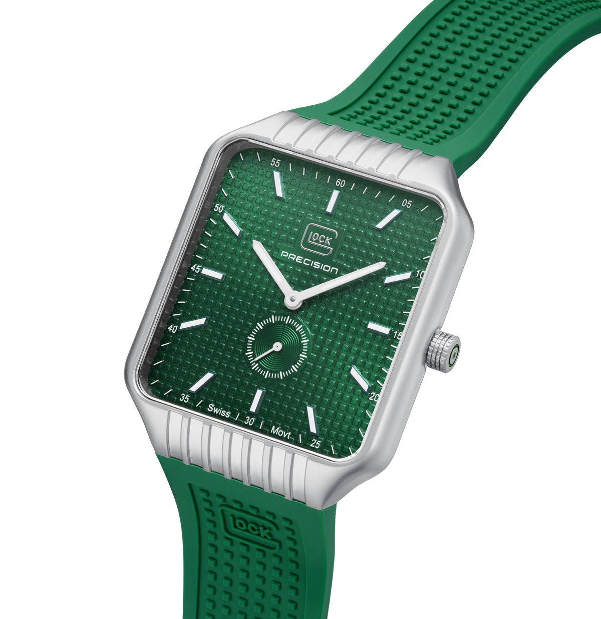 GLOCK Swiss Quartz Watch in Stainless Steel, Green Dial, Racing Green Strap