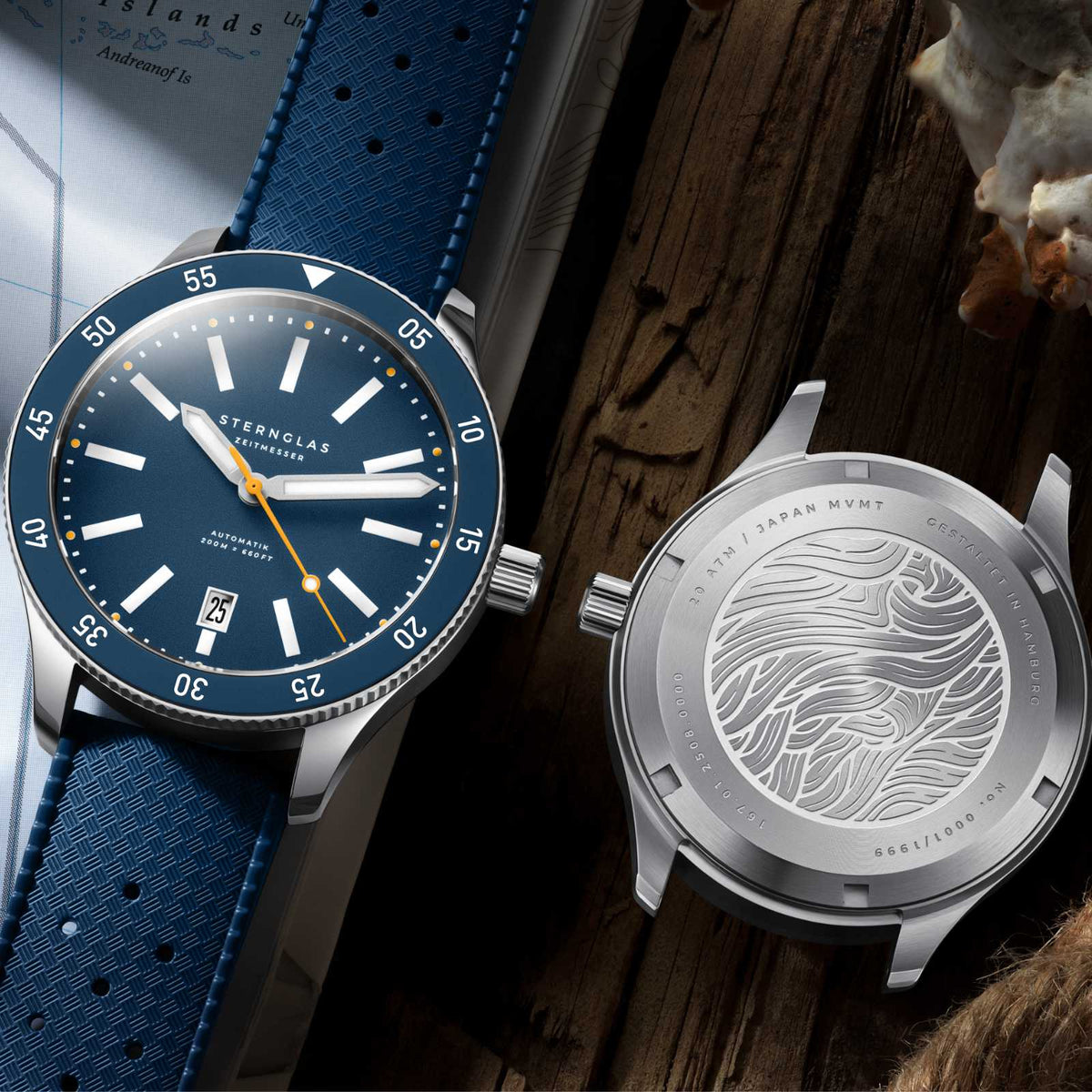 Sternglas "Marus 2.0 Edition Küste" Automatic Dive Watch in Steel, Dark Blue Dial