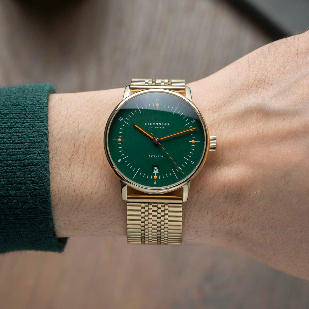Sternglas "Naos Automatic" Watch in Gold-Tone Steel, Dark Green Dial