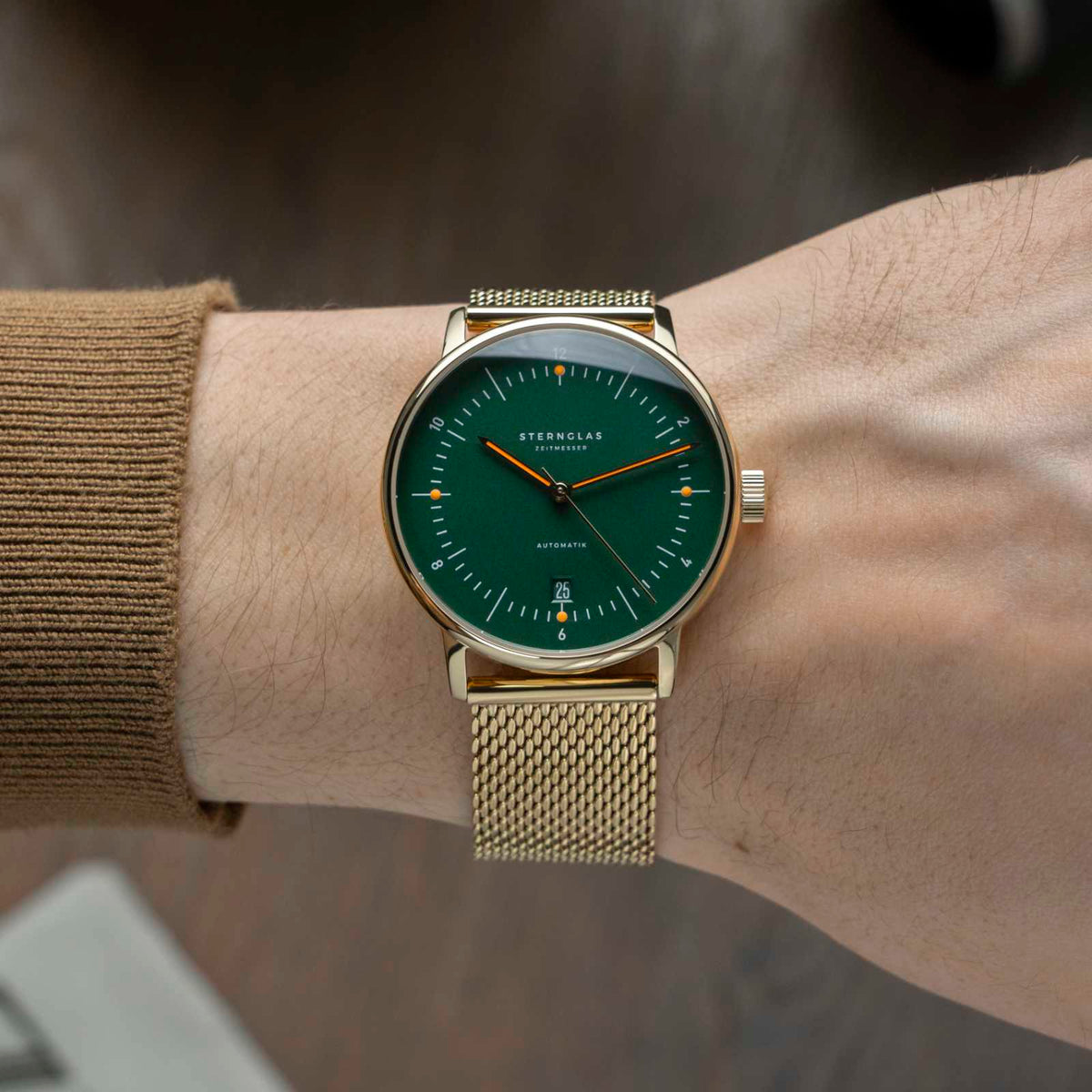 Sternglas "Naos Automatic" Watch in Gold-Tone Steel, Dark Green Dial