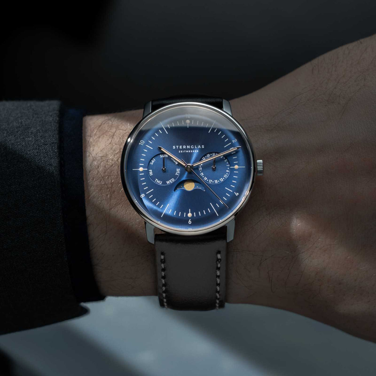 Sternglas "Naos Moonphase" Quartz Watch in Stainless Steel, Midnight Blue Dial