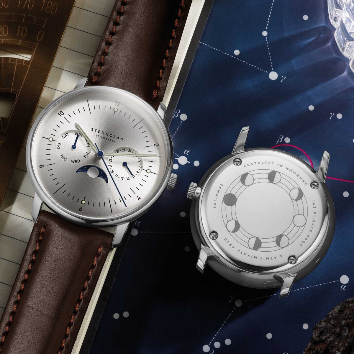 Sternglas "Naos Moonphase" Quartz Watch in Stainless Steel, Moon Silver Dial