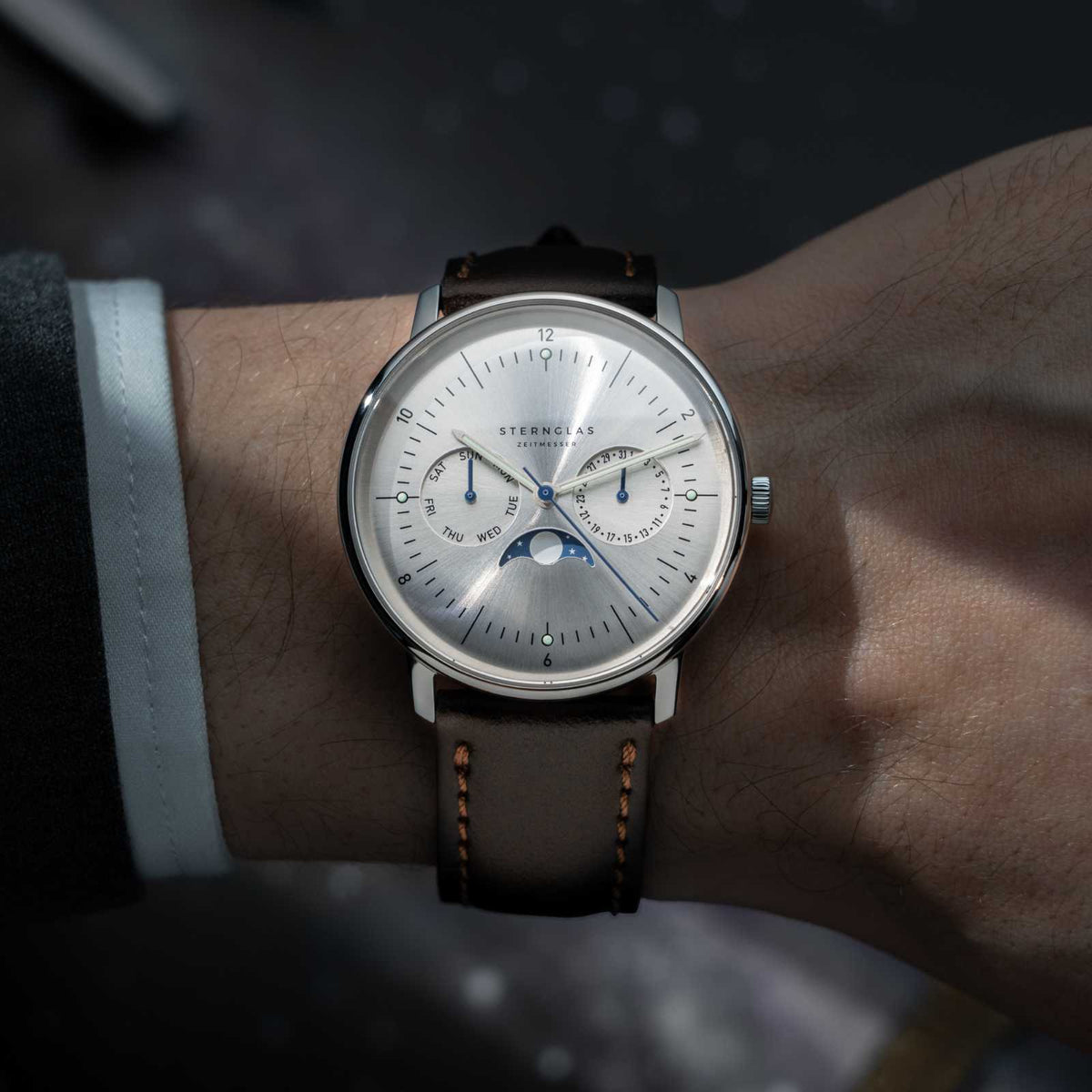 Sternglas "Naos Moonphase" Quartz Watch in Stainless Steel, Moon Silver Dial