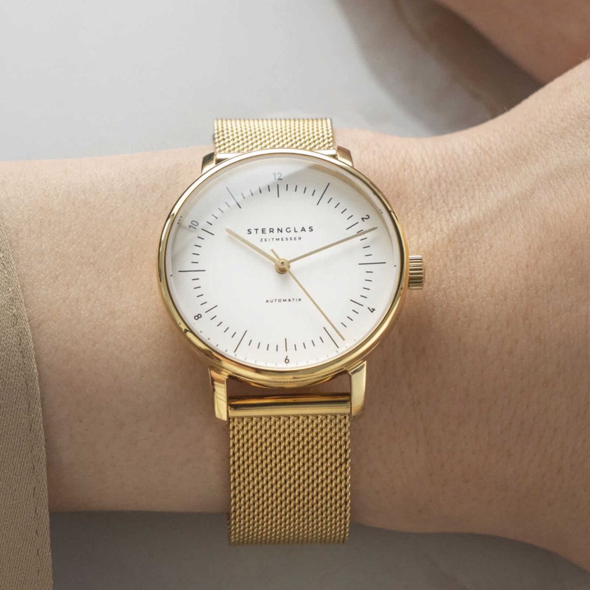 Sternglas "Naos XS Automatic" Women's Watch in Gold-Tone Steel, White Dial