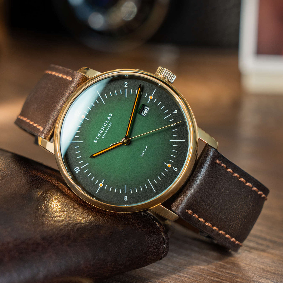 Sternglas "Naos Solar" Watch in Gold-Tone Steel, Dark Green Dial