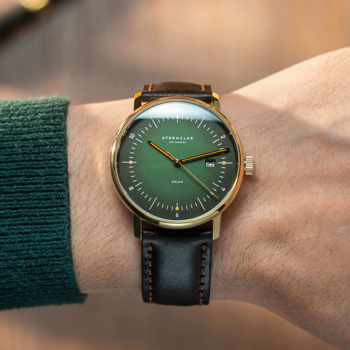 Sternglas "Naos Solar" Watch in Gold-Tone Steel, Dark Green Dial