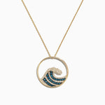 Blue & White Diamond Wave Pendant in 14K Yellow Gold, 0.53 ctw