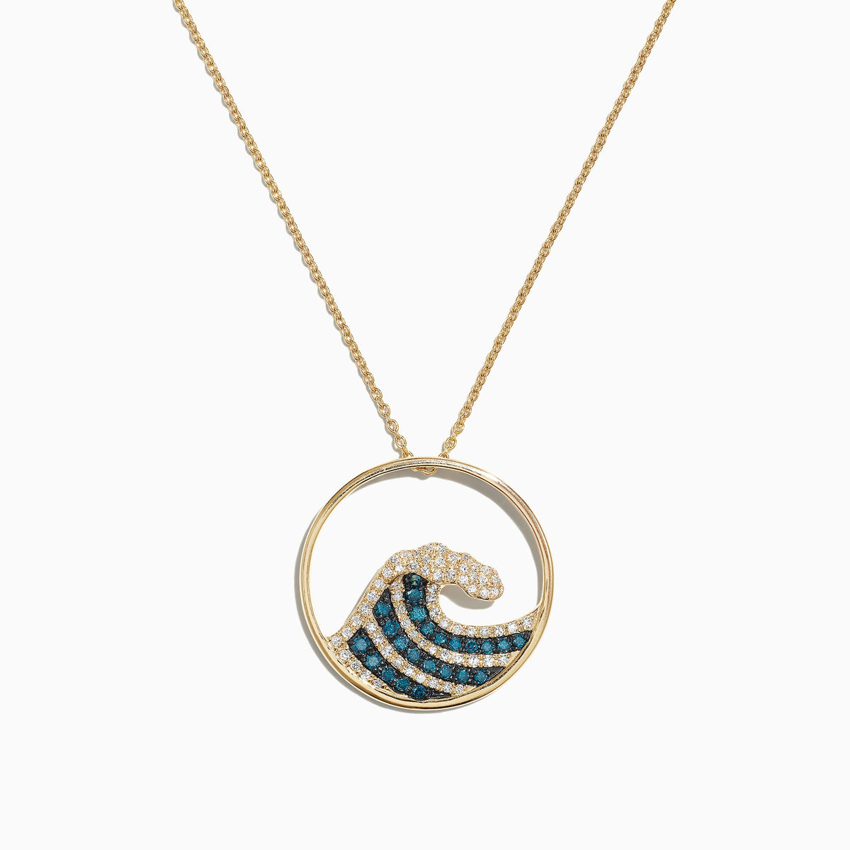 Blue & White Diamond Wave Pendant in 14K Yellow Gold, 0.53 ctw