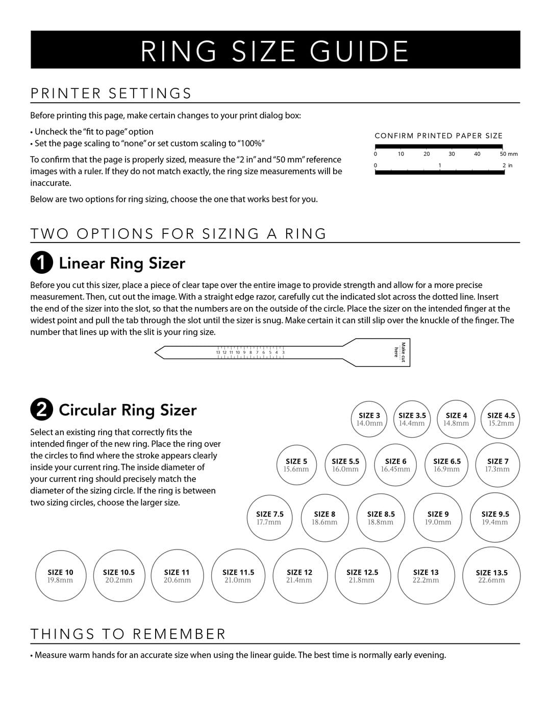 Circular ring sizing chart on sale