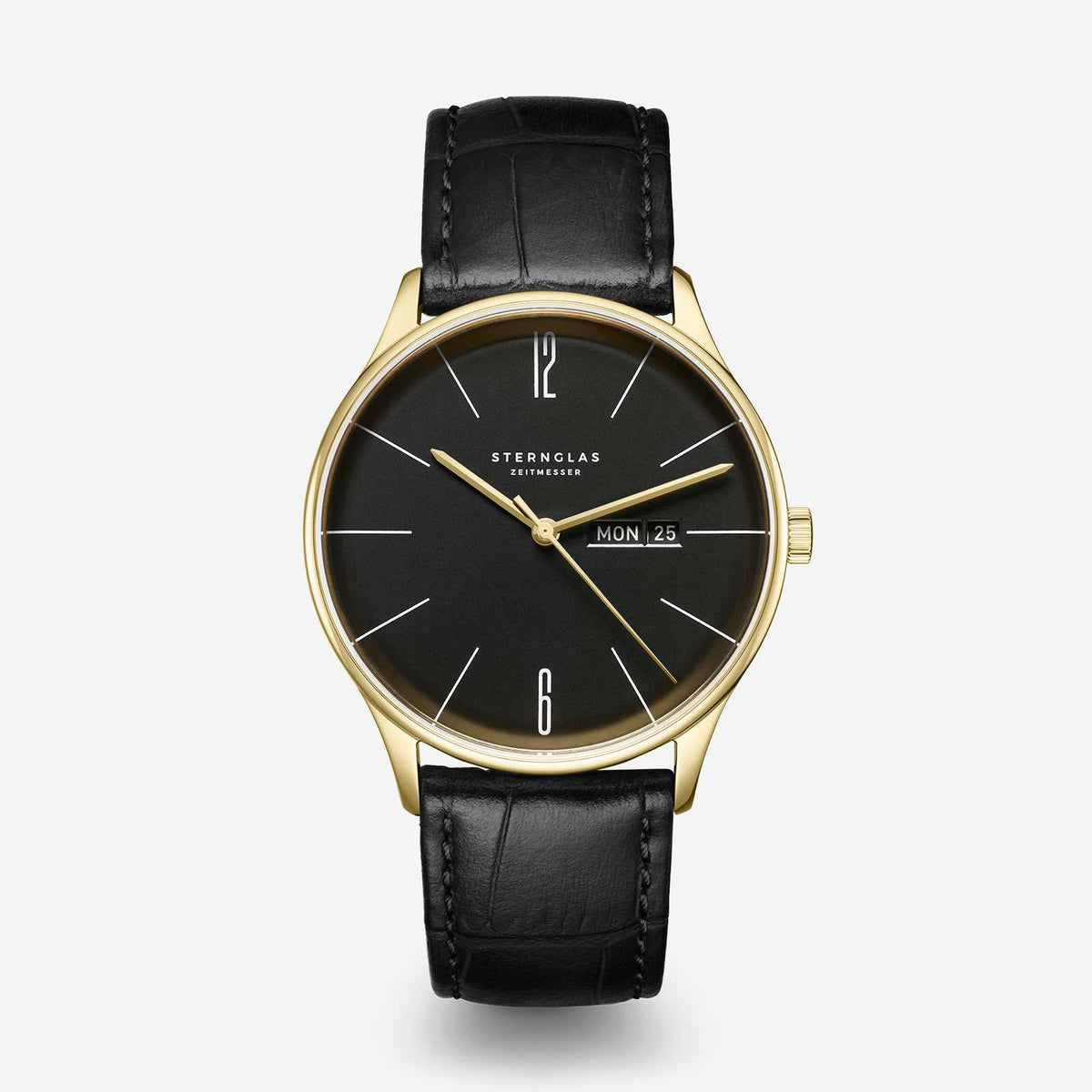Sternglas "Berlin" Quartz Watch in Gold-Tone Steel, Piano Black Dial