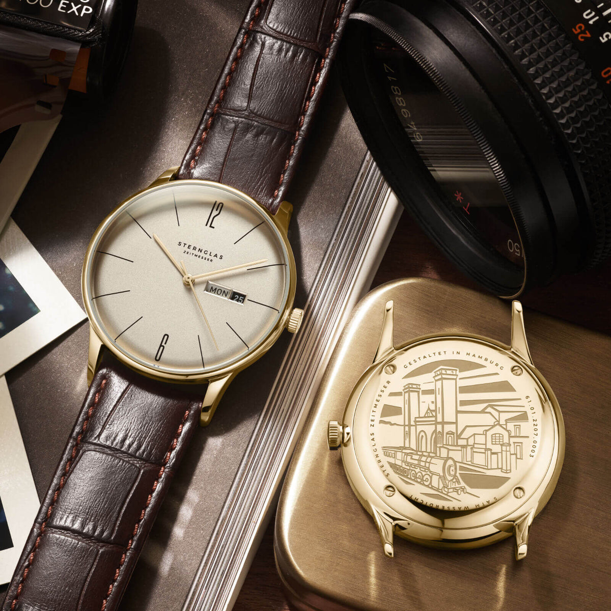 Sternglas "Berlin" Quartz Watch in Gold-Tone Steel, Sepia Dial