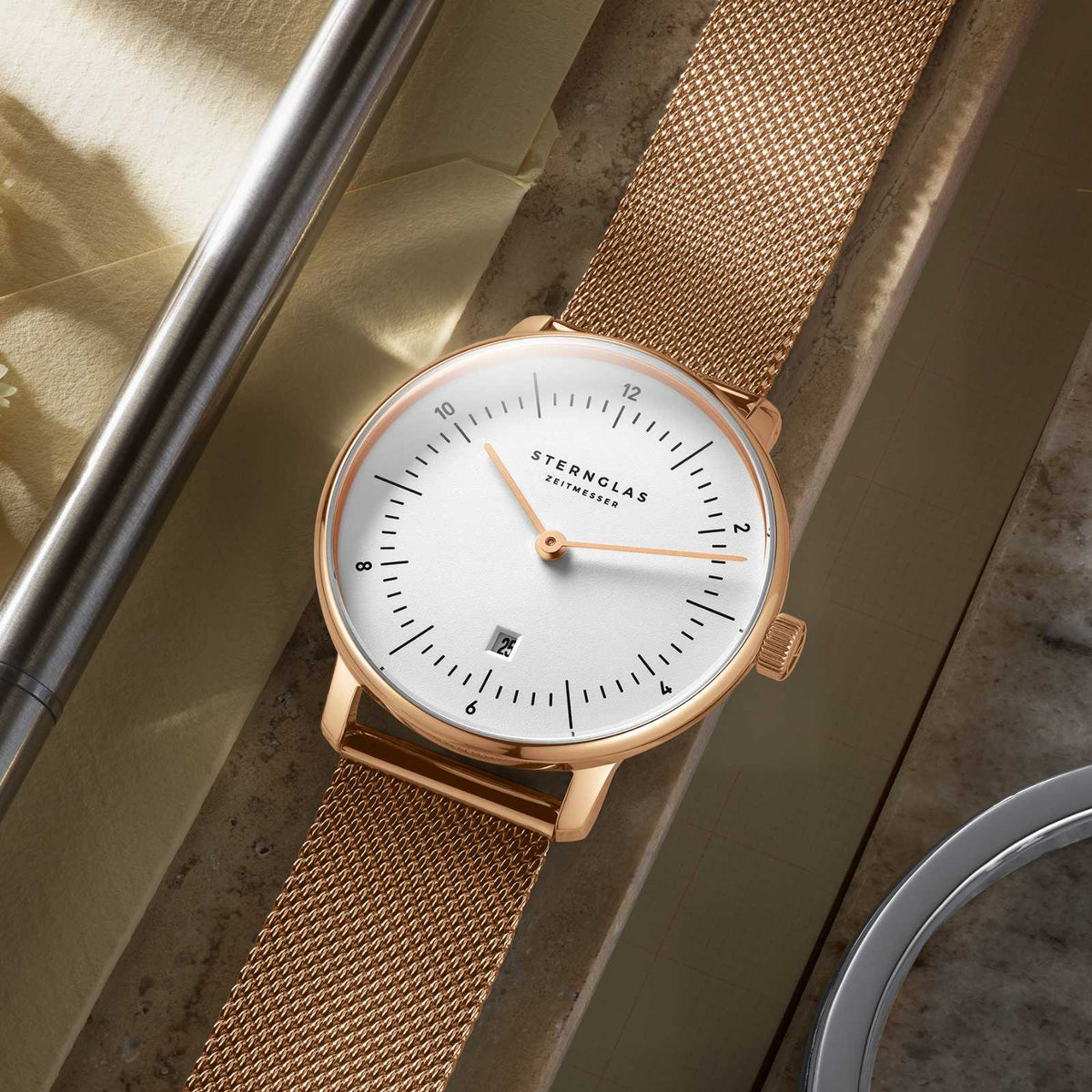 Sternglas "Naos XS" Women's Quartz Watch in Rose Gold-Tone Steel, White Dial