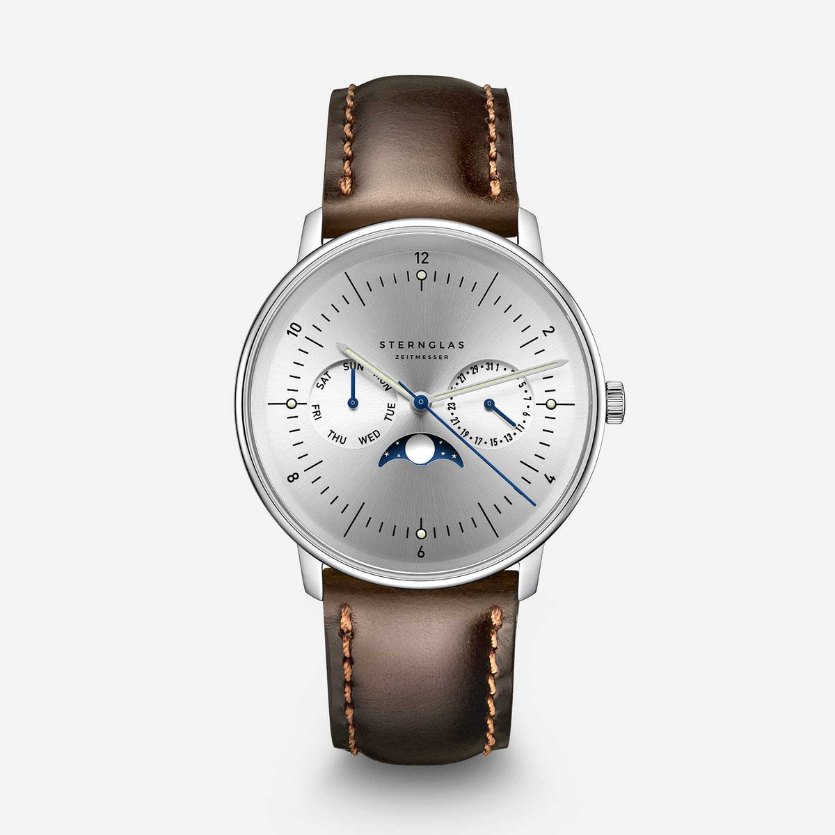 Sternglas "Naos Moonphase" Quartz Watch in Stainless Steel, Moon Silver Dial
