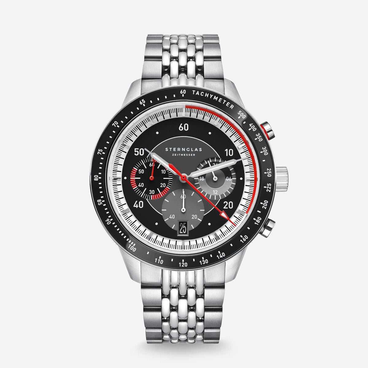 Sternglas "Tachymeter 2.0" Quartz Chronograph in Stainless Steel, Black Dial