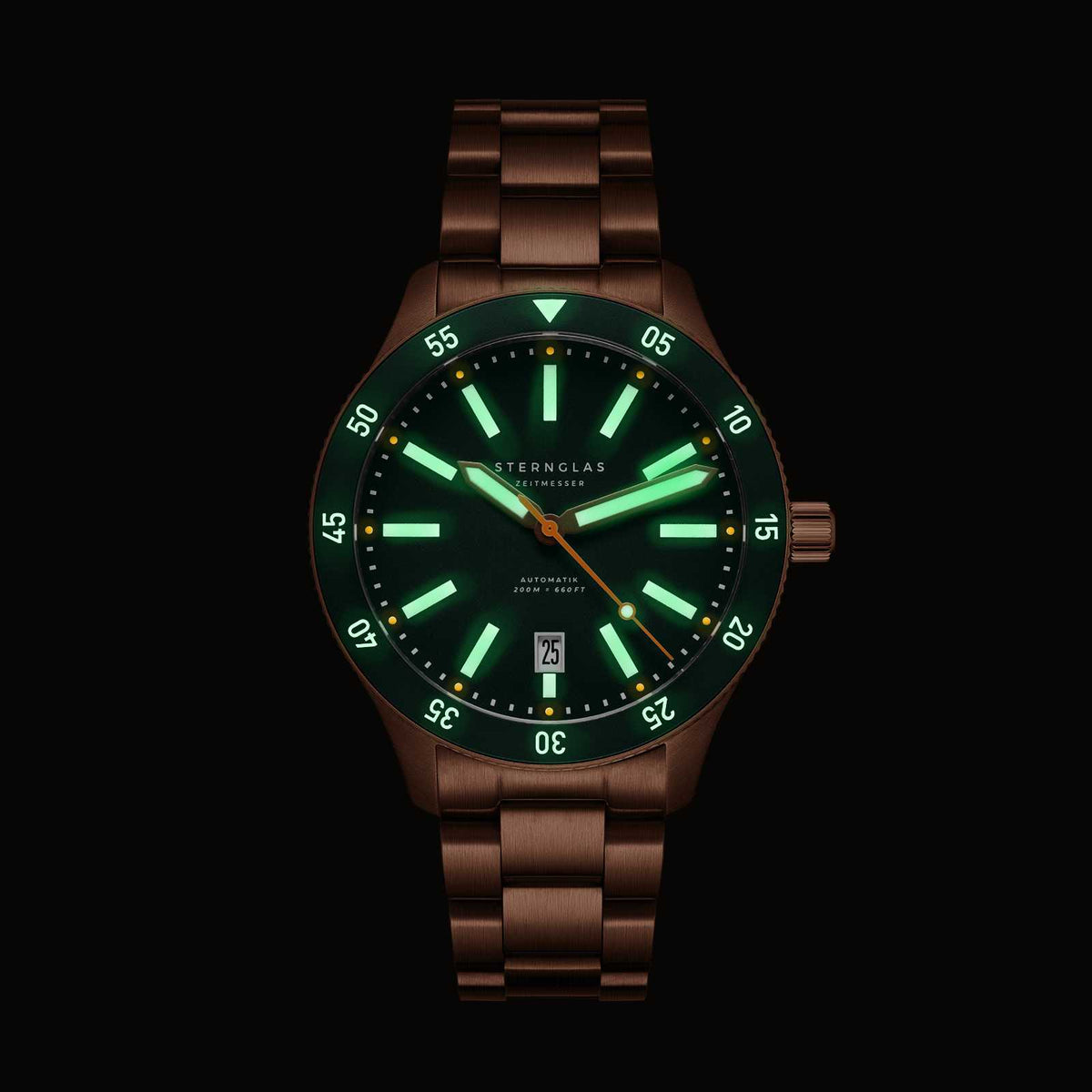 Sternglas "Marus 2.0" Automatic Dive Watch in Bronze-Tone Steel, Green Dial