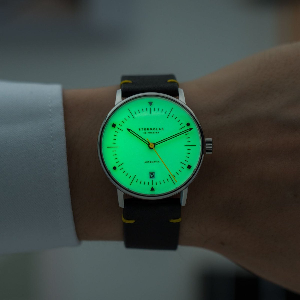 Sternglas "Naos Automatic Edition Bauhaus X" Watch in Steel, Yellow Luminova Dial