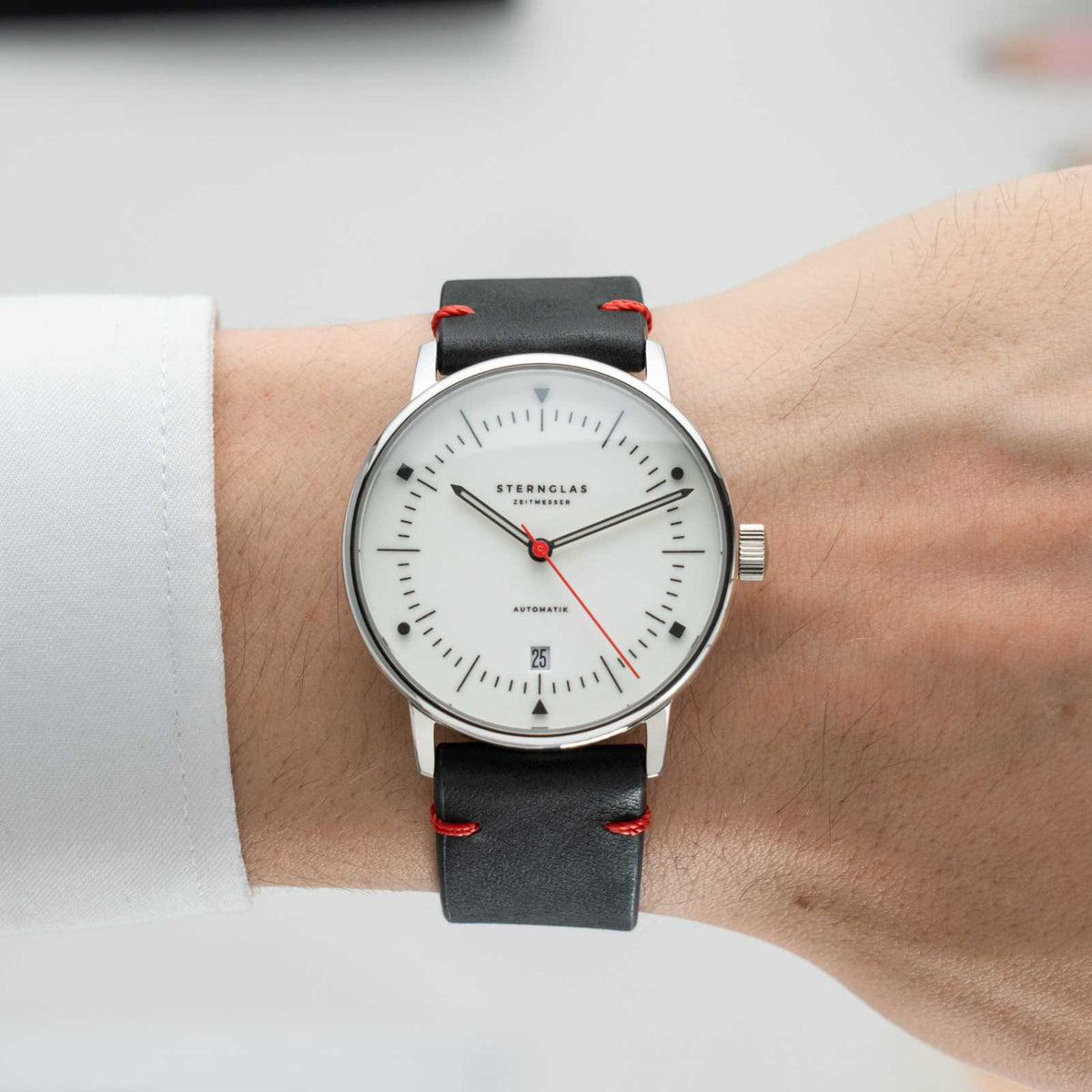 Sternglas "Naos Automatic Edition Bauhaus X" Watch in Steel, Red Luminova Dial