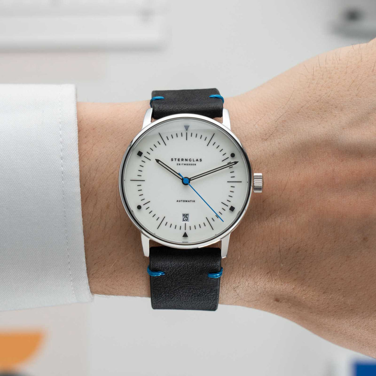 Sternglas "Naos Automatic Edition Bauhaus X" Watch in Steel, Blue Luminova Dial