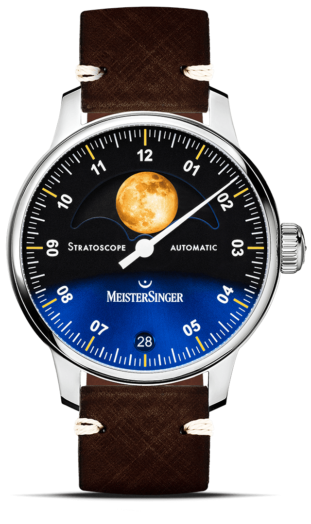 MeisterSinger "Stratoscope" Moon Phase Automatic in SS, Black/Blue & Gold Dial