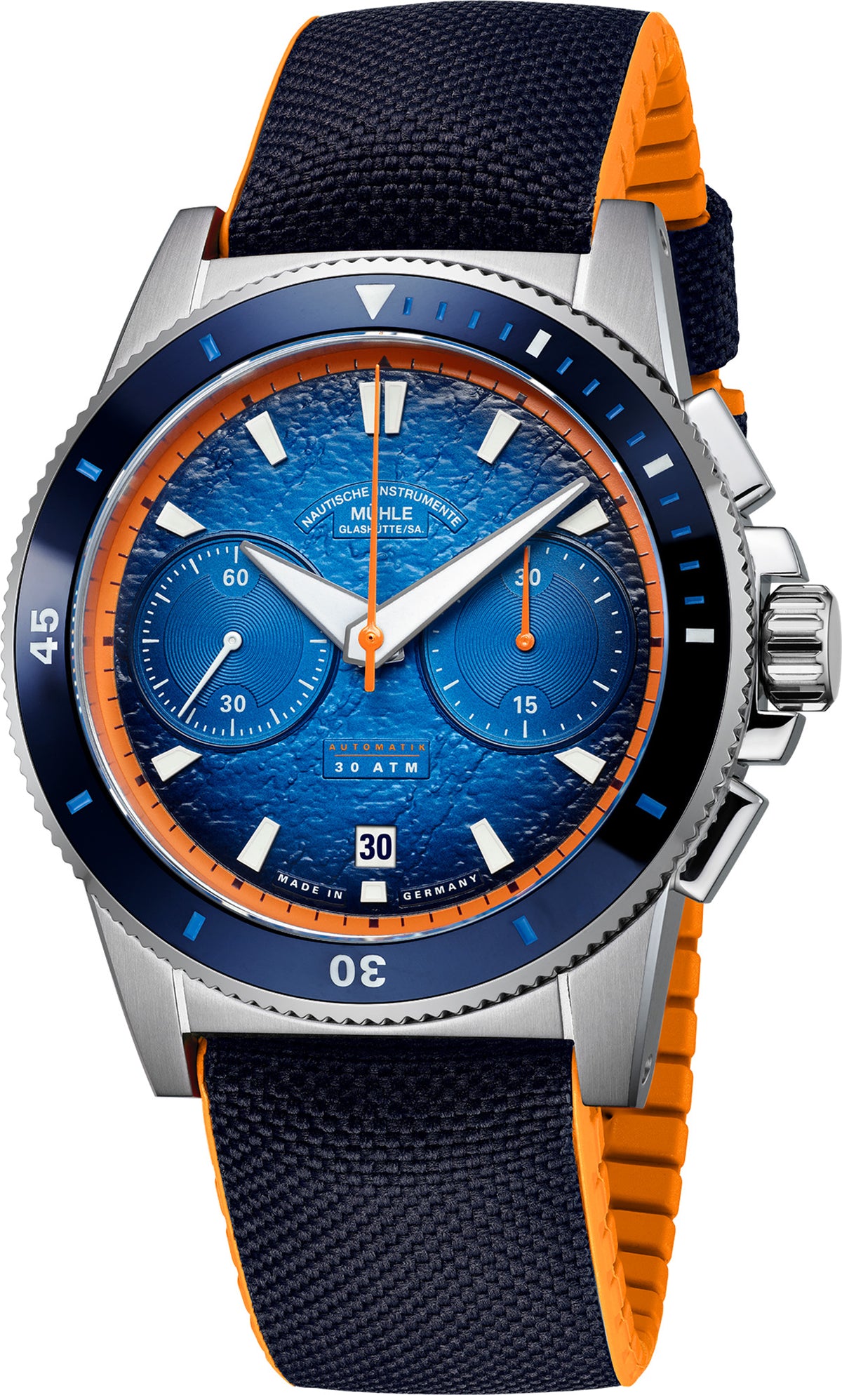 Mühle-Glashütte "Sportivo Active Chronograph" Automatic in SS, Blue Dial