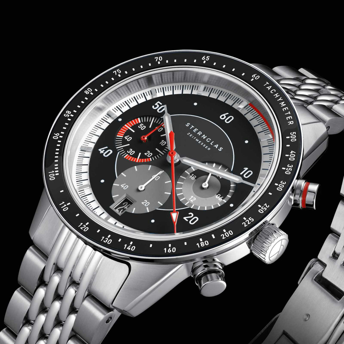 Sternglas "Tachymeter 2.0" Quartz Chronograph in Stainless Steel, Black Dial