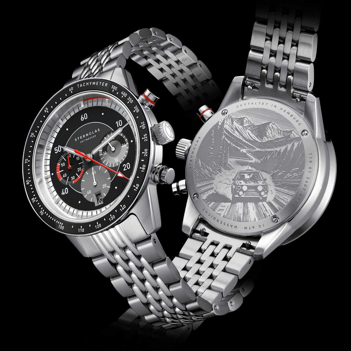 Sternglas "Tachymeter 2.0" Quartz Chronograph in Stainless Steel, Black Dial