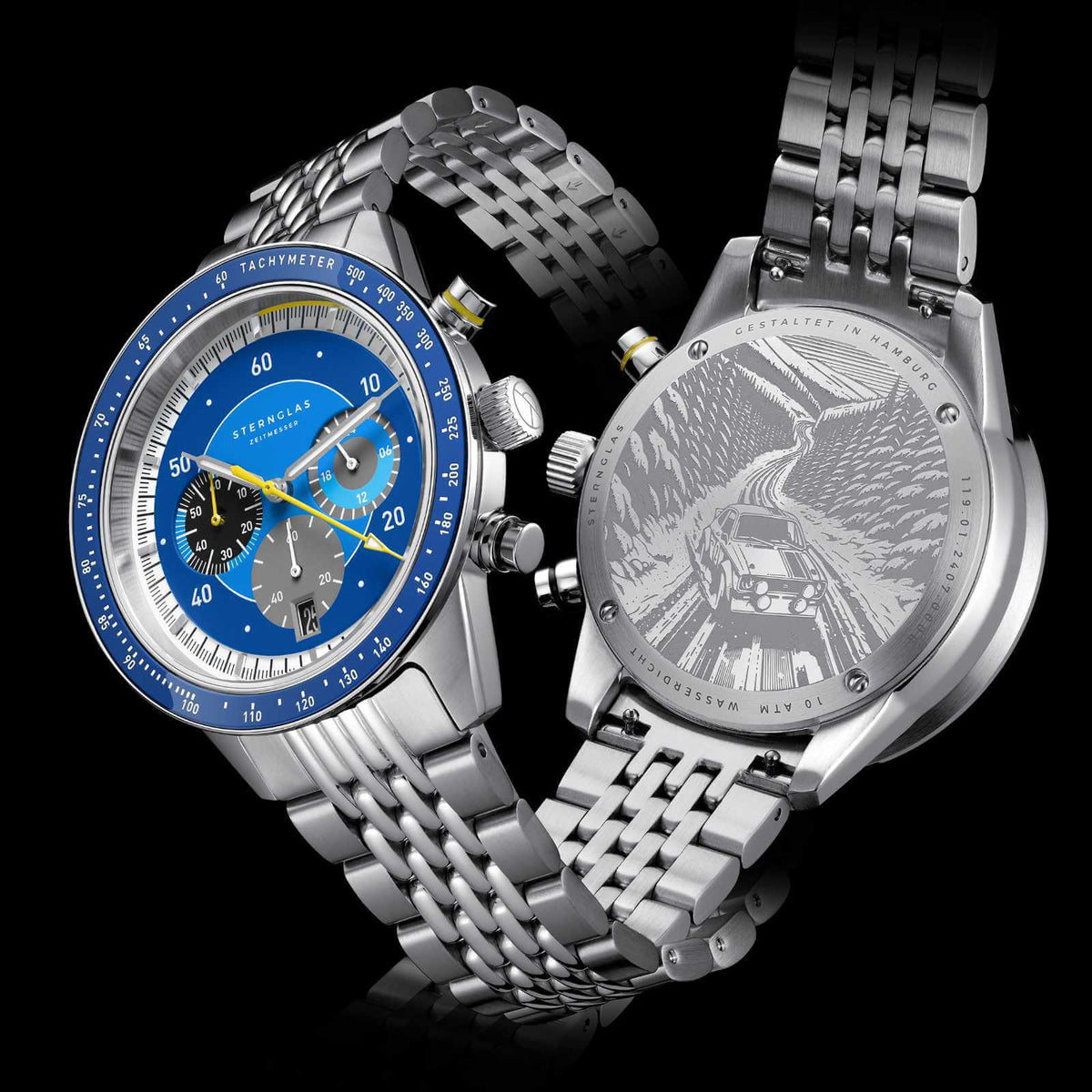 Sternglas "Tachymeter 2.0" Quartz Chronograph in Stainless Steel, Dark Blue Dial
