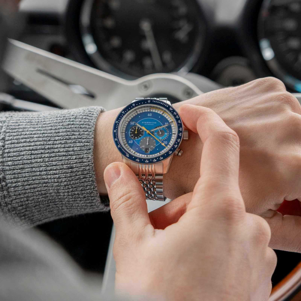 Sternglas "Tachymeter 2.0" Quartz Chronograph in Stainless Steel, Dark Blue Dial
