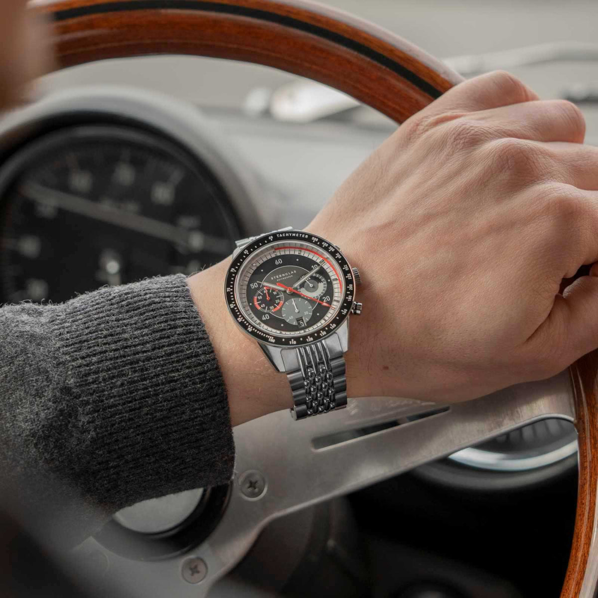 Sternglas "Tachymeter 2.0" Quartz Chronograph in Stainless Steel, Black Dial