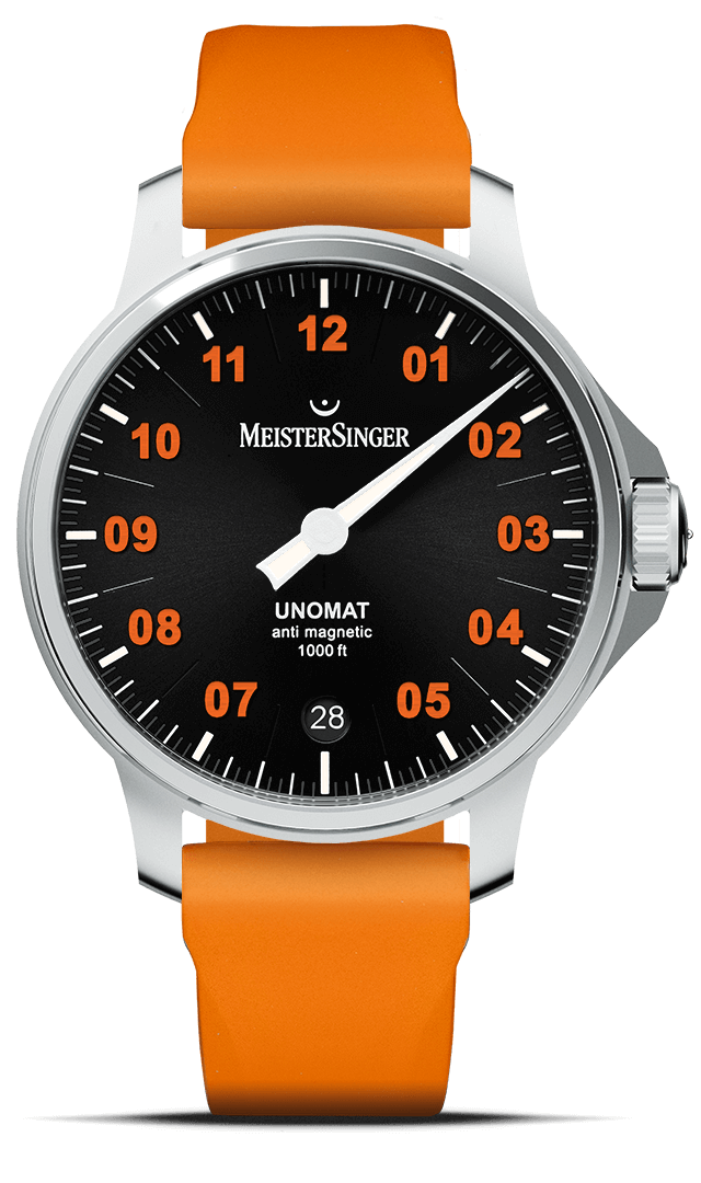 MeisterSinger "Unomat" 30-Bar Automatic in SS, Black & Orange Dial