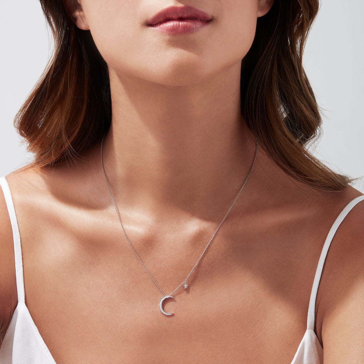Diamond Crescent & Star Necklace in 14K White Gold, 0.09 ctw view 2