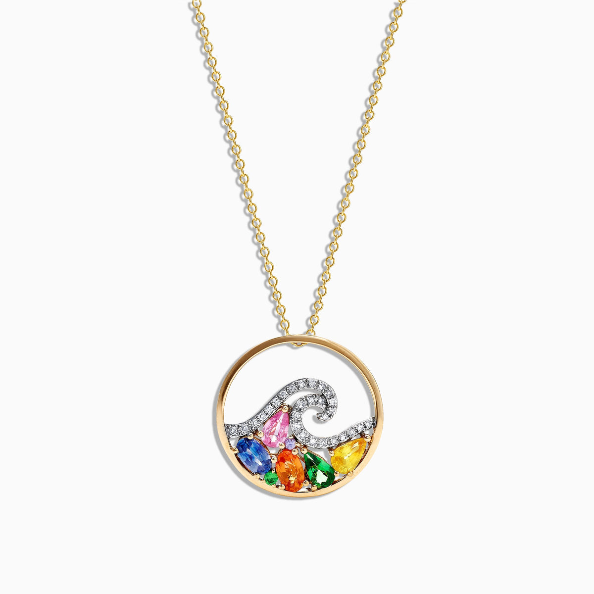 Multi Sapphire Diamond Wave Pendant in 14K Gold, 1.63 ctw