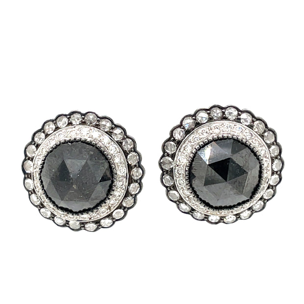 Black & White Diamond Rose Cut Double Halo 18K Gold Studs
