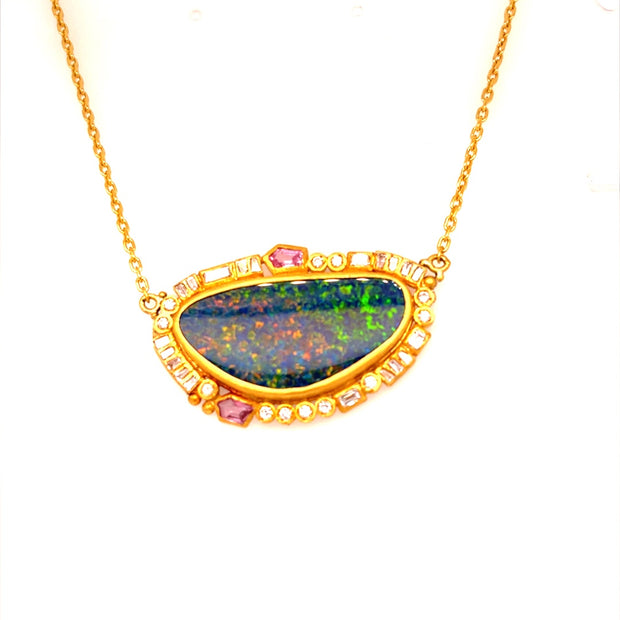 24 Karat Yellow Gold "Spring Meadow" Diamond, Pink Sapphire, and Opal Necklace
