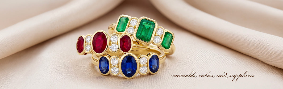 Allison Kaufman emerald, ruby and sapphire rings