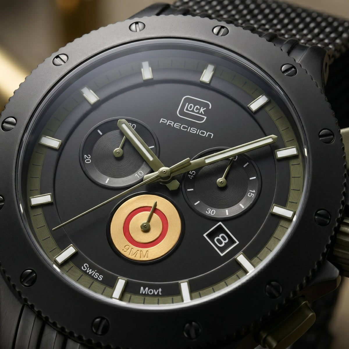 GLOCK Limited Edition Titanium Chronograph Watch in Black Titanium, Black Dial, Army Green Strap