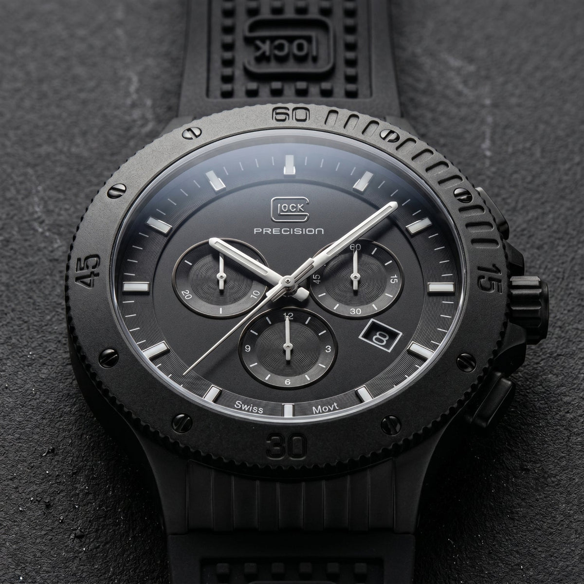 GLOCK Swiss Chronograph Watch in Black Steel, Black Dial, Black Strap