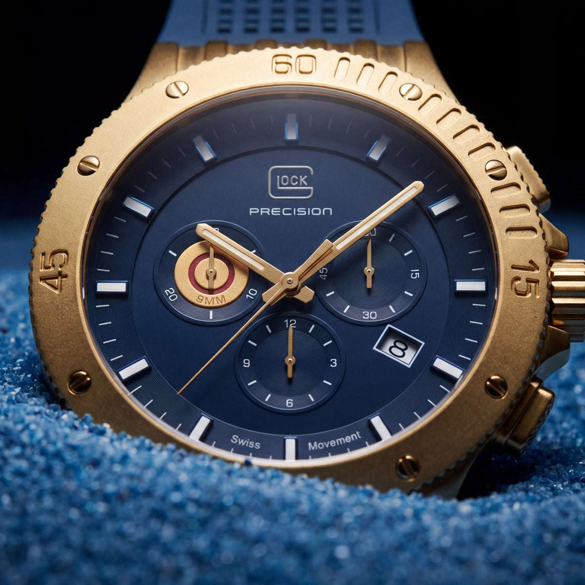 GLOCK Swiss Chronograph Watch in Gold-Tone Steel, Blue Dial, Dark Blue Strap