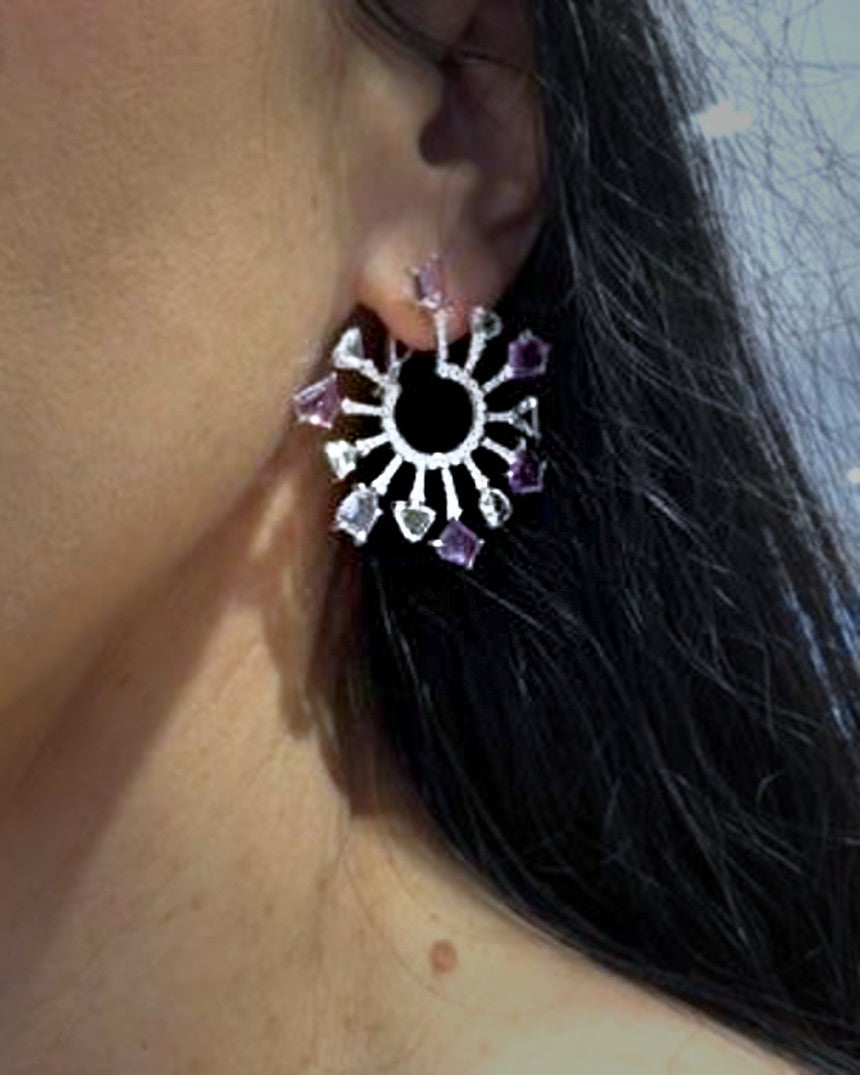 Multi-color sapphire and diamond burst earrings in 18K white gold, worn