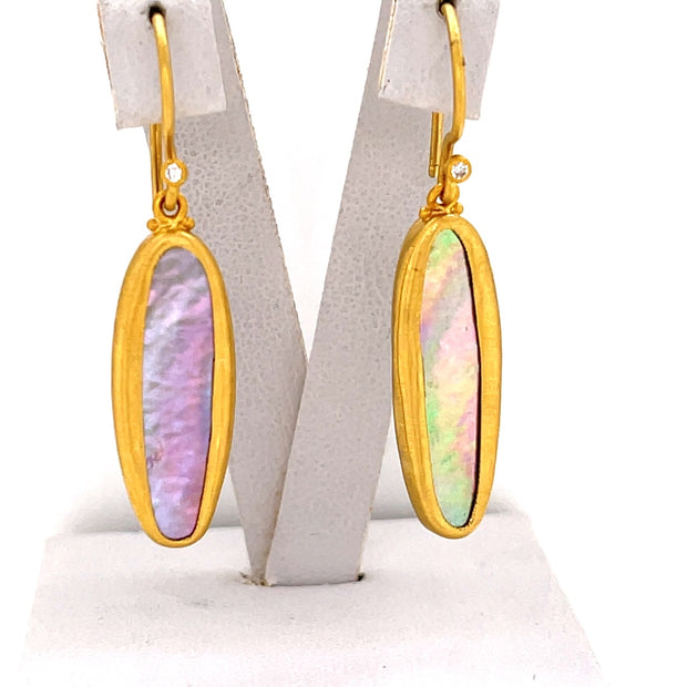 24 Karat Yellow Gold Abalone Earrings set with 2 Round cut Diamonds