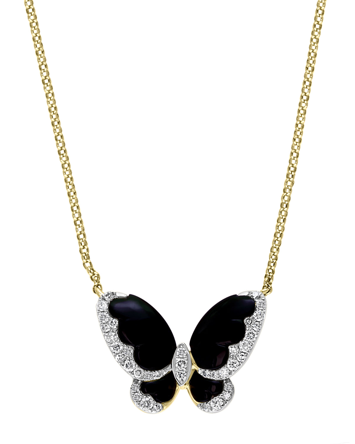 Ladies Onyx Diamond Butterfly 14K Yellow Gold Adjustable Necklace