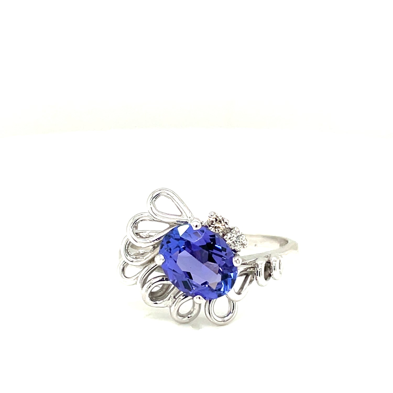 Tanzanite Free Form Flower 14K White Gold Diamond Ring