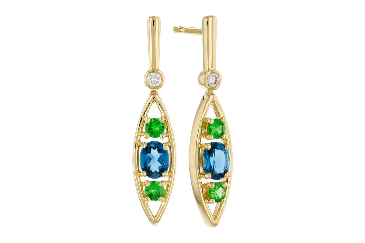 Allison Kaufman London Blue Topaz, Green Garnet & Diamond Earrings in 14K Yellow Gold, 1.14 ctw