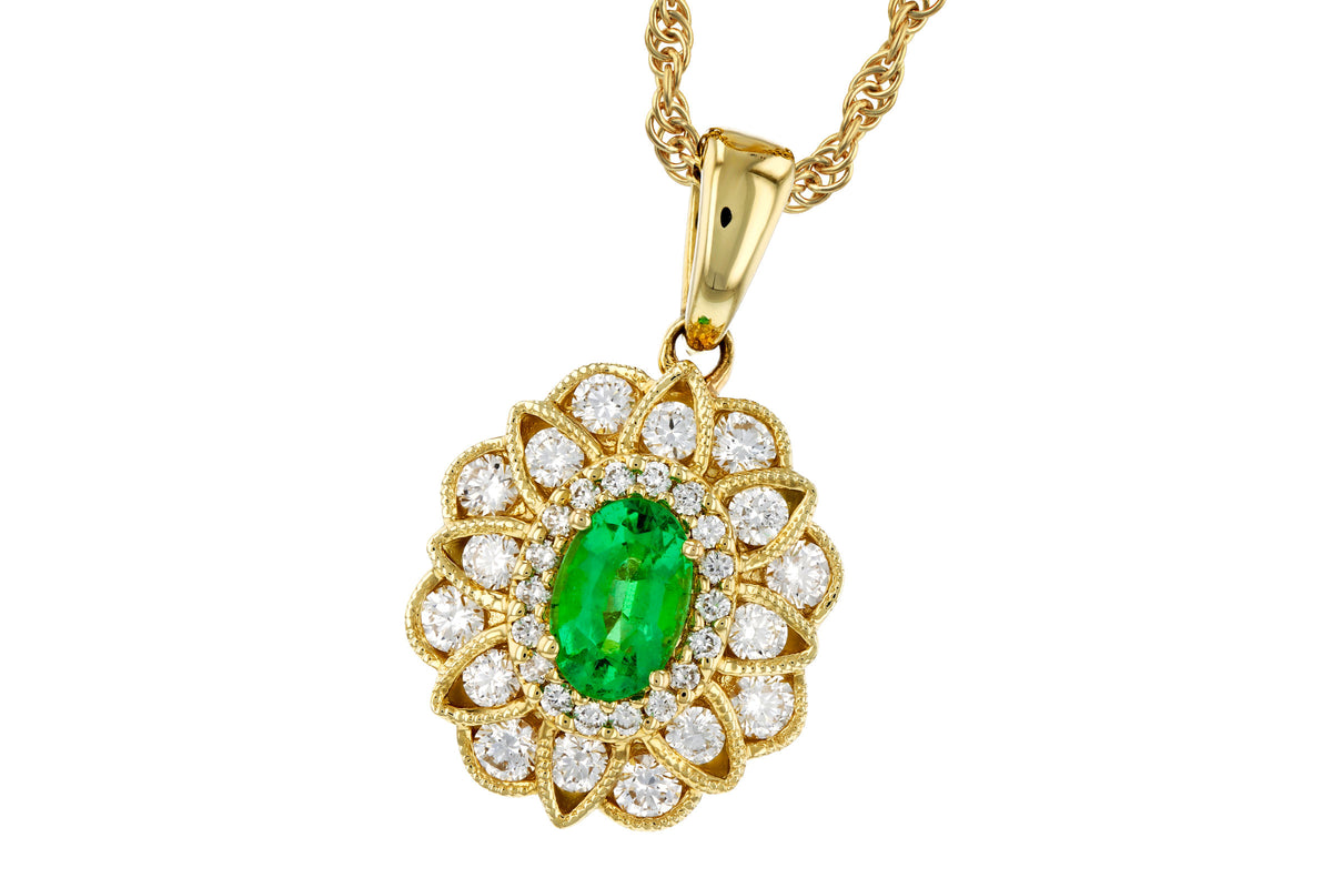 Allison Kaufman Emerald & Diamond Necklace in 14K Yellow Gold, 0.98 ctw