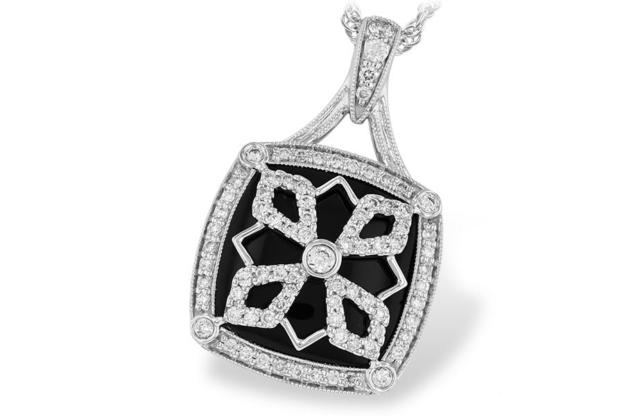 Allison Kaufman Onyx & Diamond Necklace in 14K White Gold, 0.38 ctw (N7776)