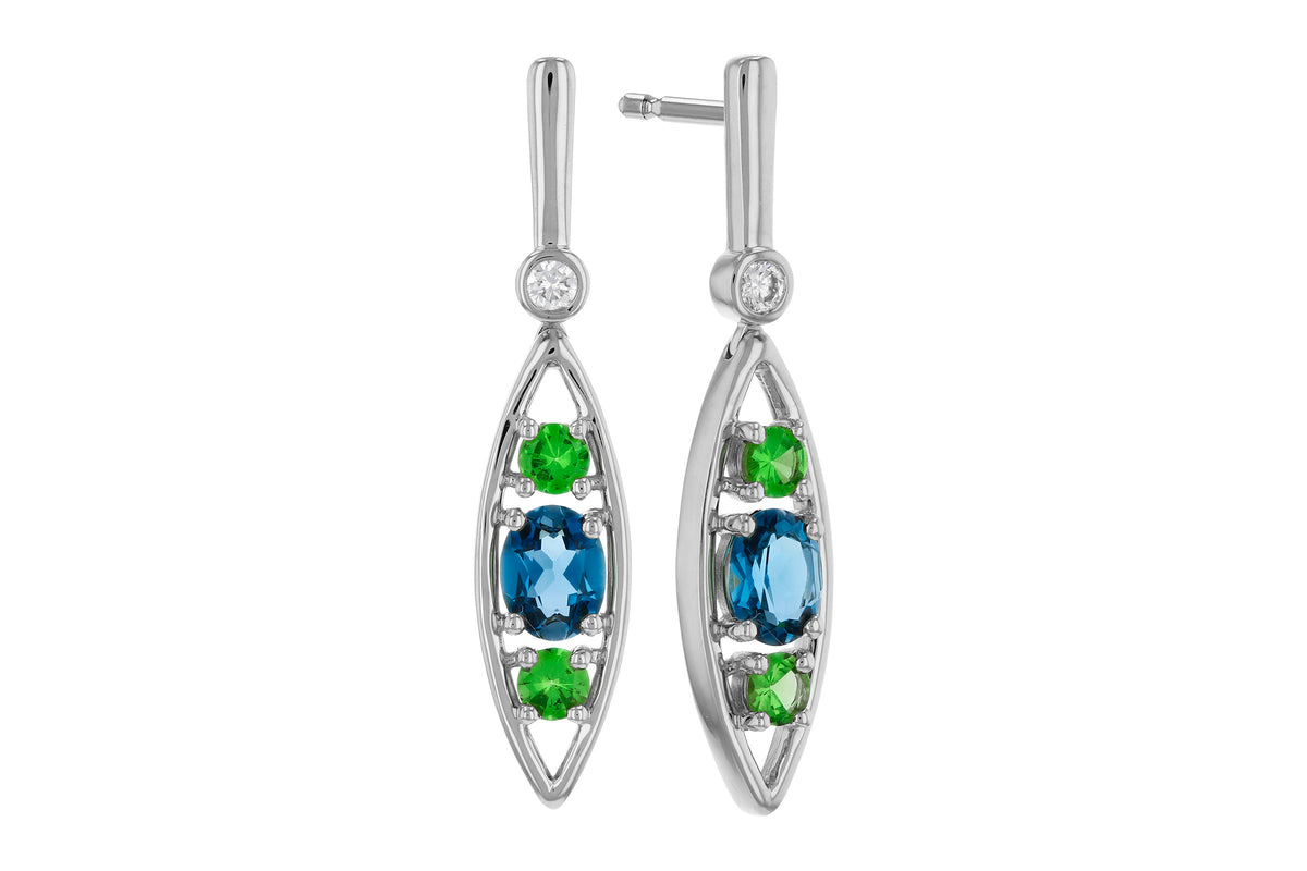 Allison Kaufman London Blue Topaz, Green Garnet & Diamond Earrings in 14K White Gold, 1.14 ctw