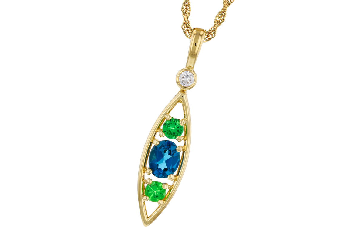Allison Kaufman London Blue Topaz, Green Garnet & Diamond Necklace in 14K Yellow Gold, 0.58 ctw