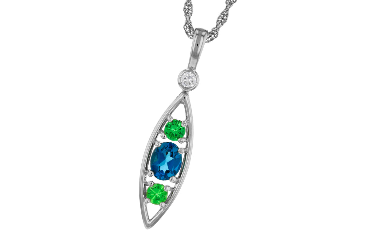 Allison Kaufman London Blue Topaz, Green Garnet & Diamond Necklace in 14K White Gold, 0.58 ctw