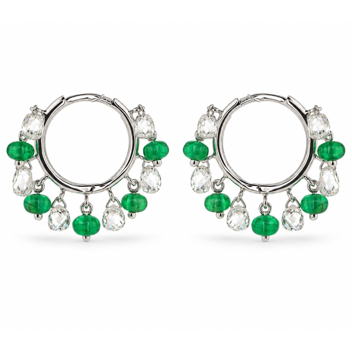 Diamond Briolette & Emerald Bead Hoop Earrings in 18K White Gold, 2.52 ctw