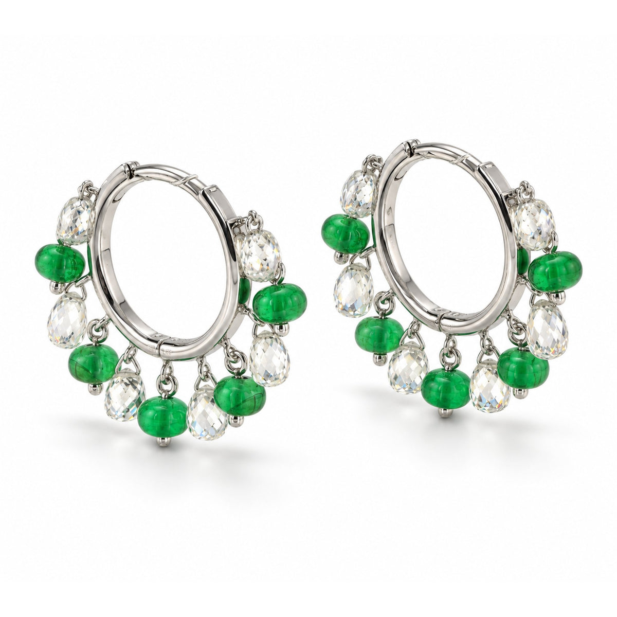 Diamond Briolette & Emerald Bead Hoop Earrings in 18K White Gold, 2.52 ctw, angled view